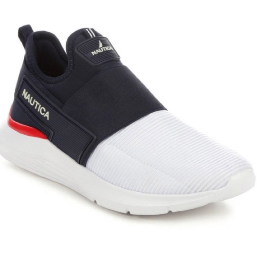 Blue/red/white Nautica slip on sneakers. Mesh front rubber sole.